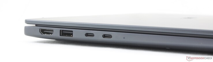À gauche : HDMI 2.1, USB-A 3.2 Gen. 1 (5 Gbps), 2 ports USB-C Thunderbolt 4 avec DisplayPort 2.1 + Power Delivery (100 W)