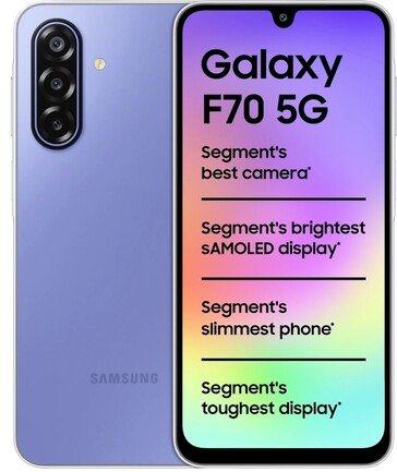 Samsung Galaxy F70 5G en violet, vu de face et de dos