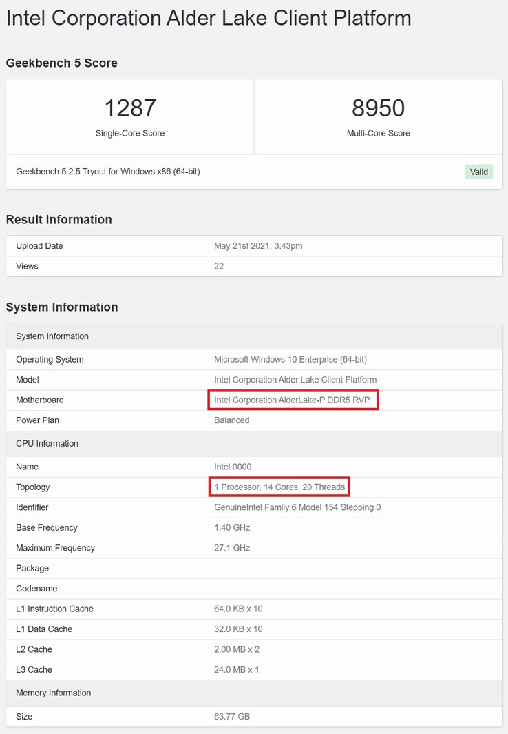 Echantillon Alder Lake-P sur Geekbench. (Image source : Geekbench)