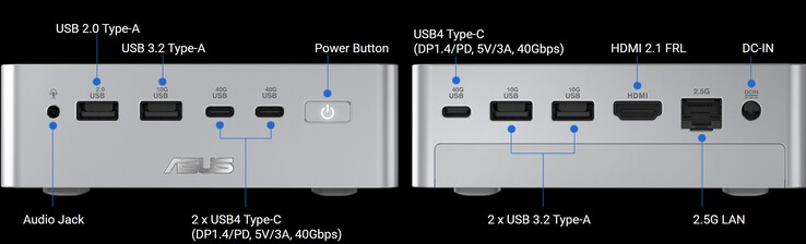 Ports du mini PC Asus Ascent QN10 - avant et arrière.