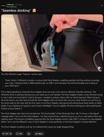 Killswitch Switch 2 case dock issue (Image source : screenshot, Switch 2 subreddit)