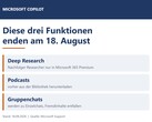 Illustration présentant les trois fonctionnalités de Copilot : « Deep Research », « Podcasts » et « discussions de groupe », dont la date d'expiration est fixée au 18 août 2026