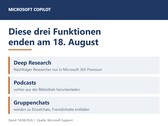 Illustration présentant les trois fonctionnalités de Copilot : « Deep Research », « Podcasts » et « discussions de groupe », dont la date d'expiration est fixée au 18 août 2026