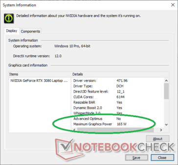 Les informations sur le système Maingear Vector Pro Nvidia revendique un TGP de 165 W
