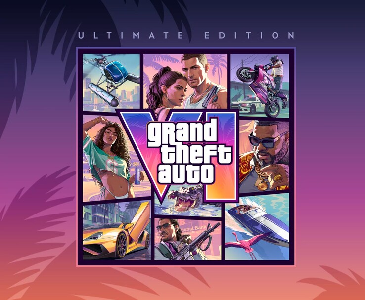 Illustration de l’édition Ultimate de Grand Theft Auto VI mettant en scène des personnages et des véhicules de GTA 6, ainsi que le logo du jeu.