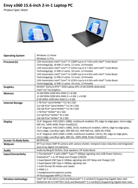 HP Envy x360 15,6 pouces Intel - Spécifications. (Source : HP)
