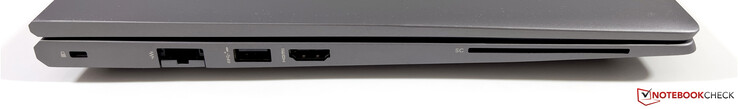 À gauche : fente de sécurité Kensington Nano, Ethernet, USB-A 3.2 Gen.1 (5 Gbps, alimenté), HDMI 2.0b, lecteur de cartes à puce