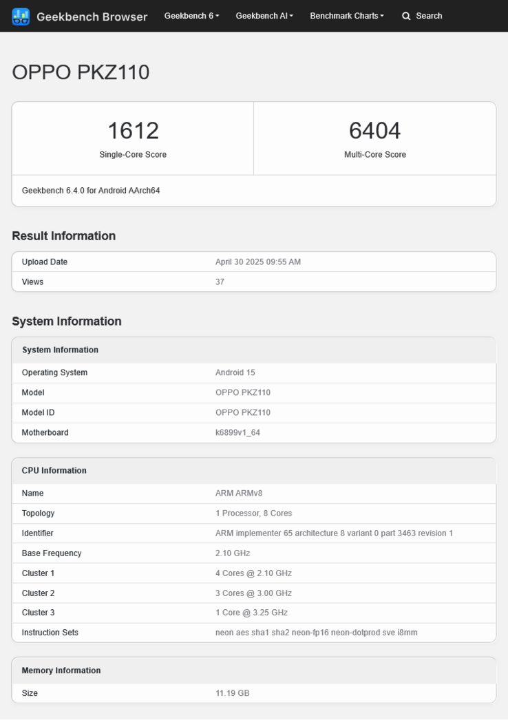 Le "Oppo Reno14" fait surface dans une nouvelle fuite de benchmarking. (Source : Geekbench)
