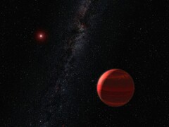 Une illustration d'artiste représentant une exoplanète et une naine rouge.