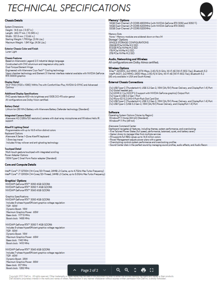 Spécifications de l'Alienware x14 (image via Dell)