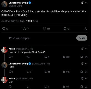 Les ventes de Call of Duty : Black Ops 7 au Royaume-Uni (Source : capture d'écran, compte Christopher Dring X)