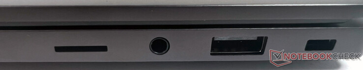 À droite : 1x microSD, 1x combiné audio/micro (3,5 mm), 1x USB 3.2 Gen1 Typ-A, 1x Kensington
