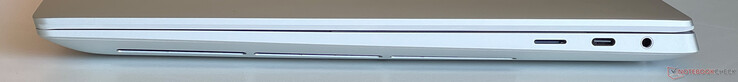 À droite : lecteur de carte microSD, USB-C 3.2 Gen 2 (10 GBit/s, mode DisplayPort ALT, Power Delivery), audio 3,5 mm