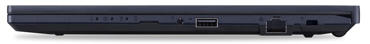 Côté droit : lecteur de carte microSD, prise audio combinée, 1x USB-A 2.0, GigabitLAN, verrou Kensington