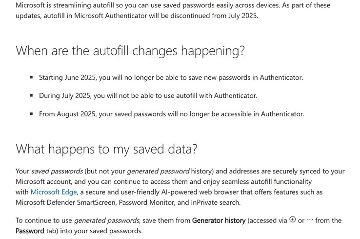 Capture d'écran des modifications apportées au stockage des mots de passe de Microsoft Authenticator. (Source de l'image : Microsoft)