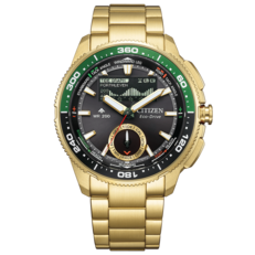 Image de face du produit Citizen Promaster Wave Tracker JV3002-51E de couleur or, avec une lunette verte et un bracelet en acier inoxydable.