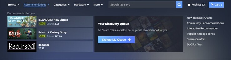 La nouvelle zone de recommandation est basée sur des facteurs tels que le temps de jeu, les achats précédents et les recommandations d'amis. (Source de l'image : Steam)