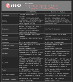 MSI Summit E16 Flip et le Summit E16 Flip Evo - Spécifications. (Source : MSI)