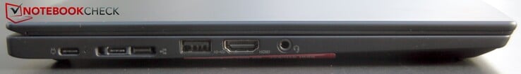Côté gauche : USB C 3.0, USB C 3.0 / Ethernet propriétaire, HDMI, jack 3,5 mm.