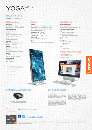 Lenovo Yoga AIO 7 - Spécifications. (Source : Lenovo)