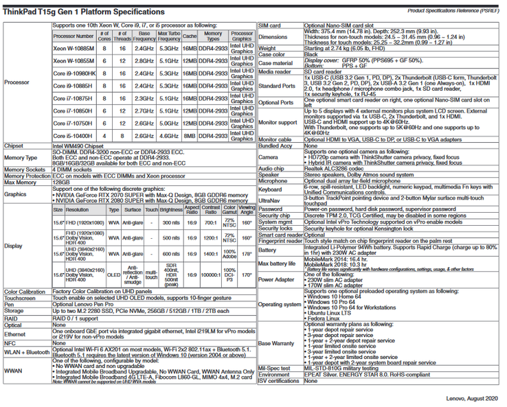 La fiche technique du Lenovo ThinkPad T15g Gen 1. Image via Lenovo