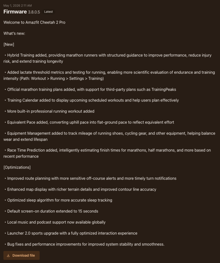 Le journal des modifications de la version 3.8.0.5 du micrologiciel de la smartwatch Amazfit Cheetah 2 Pro