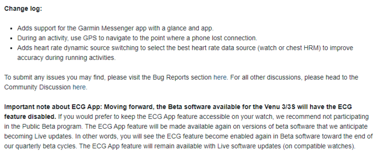 Le journal des modifications de la version beta 10.12 de Garmin (Image source : Garmin)