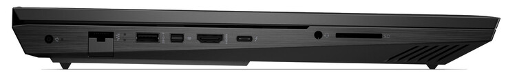 À gauche : alimentation, Ethernet Gigabit, USB 3.2 Gen 1 (USB-A), Mini DisplayPort, HDMI 2.1, Thunderbolt 4 (USB-C ; Power Delivery, DisplayPort), audio combo, lecteur de carte de stockage (SD)