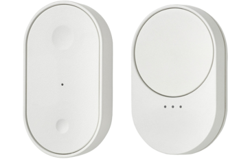 La télécommande Bilresa d'IKEA avec deux boutons (à gauche) et une molette de défilement (à droite). (Source de l'image : IKEA, édité)