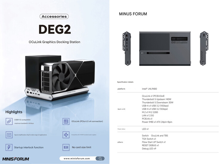 Les principales caractéristiques de la station d'accueil DEG2 eGPU (Image source : Minisforum - machine translated)