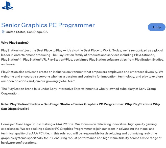 L'annonce d'emploi de Sony San Diego Studio est affichée (Source de l'image : capture d'écran, Greenhouse)