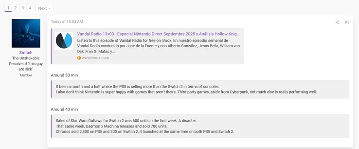 Ventes de consoles Switch 2 et PS5 en Espagne d'après le podcast de Vandal (Source de l'image : capture d'écran, forums Smitch@ResetEra)