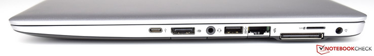 Côté gauche : USB C, DisplayPort, lecteur de cartes SD, audio 3,5 mm, USB 3.0, RJ-45, port de docking, micro SIM, entrée secteur.