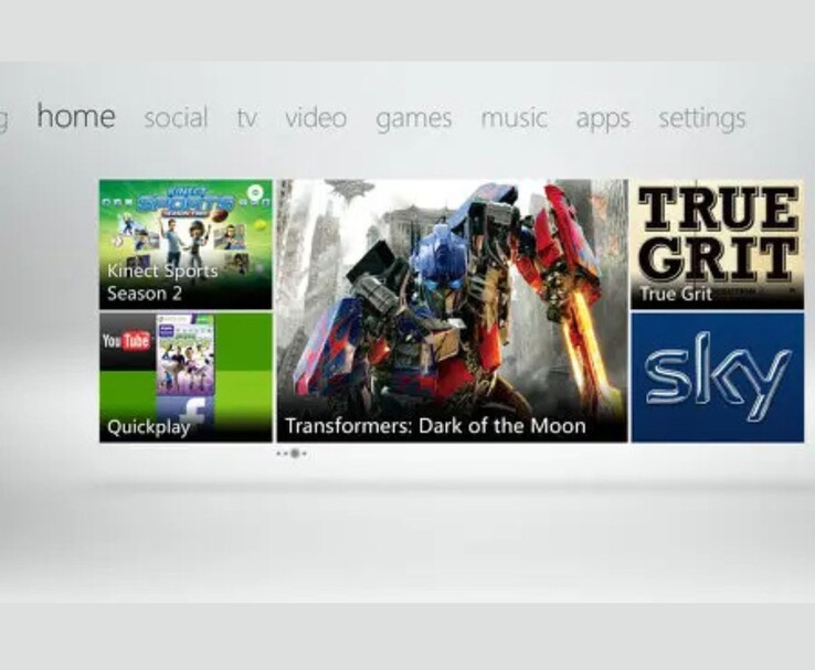 Capture d'écran du tableau de bord de la Xbox 360 montrant l'interface Metro, avec des tuiles publicitaires proéminentes pour Transformers : Dark of the Moon, True Grit et Sky. D'autres tuiles mettent en avant Kinect Sports Season 2 et les applications Quickplay de YouTube/Facebook. (Source de l'image : Microsoft (capture d'écran de l'interface utilisateur de la Xbox 360 via un média promotionnel)