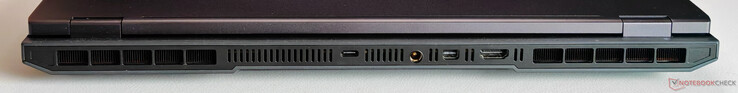 Arrière : USB-C 3.2 Gen.2 (10 Gbit/s, DisplayPort ALT mode 1.4 via dGPU, 140W Power Delivery), connecteur d'alimentation, Mini-DisplayPort 2.1, HDMI 2.1