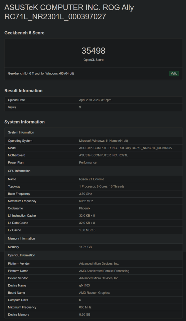 Asus ROG Ally sur Geekbench (image via Geekbench)