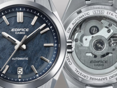 Sur la photo, la Casio EFK-100D-2A avec un cadran bleu texturé et un fond transparent pour le mouvement mécanique. (Source de l&#039;image : Casio)