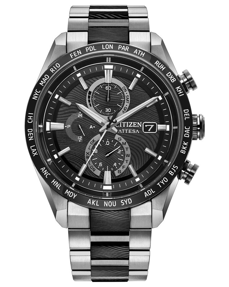 Le cadran se caractérise par des index appliqués, un triple cadran auxiliaire et des indications de fuseaux horaires autour de la lunette.