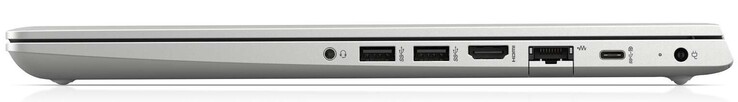 Côté droit : jack 3,5 mm, 2 USB A 3.1 Gen 1, HDMI, Gigabit LAN, 1 USB C 3.1 Gen 1, entrée secteur LED, entrée secteur propriétaire.