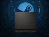 La Steam Machine de Valve devant le logo Steam