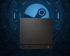La Steam Machine de Valve devant le logo Steam