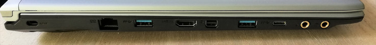 Côté gauche : verrou de sécurité Kensington, Gigabit LAN, USB 3.0, HDMI, Mini DisplayPort, USB 3.0, 1 USB C 3.0, micro, écouteurs.