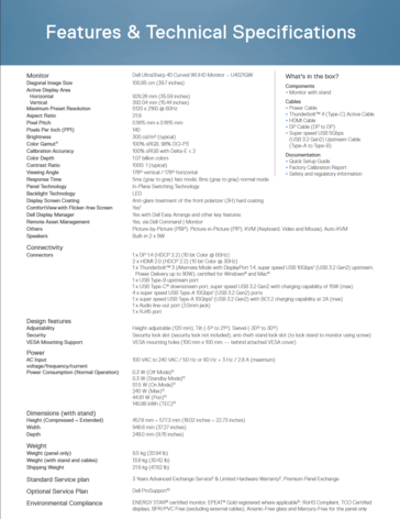 Dell UltraSharp 40 U4021QW - Spécifications. (Source de l'image : Dell)