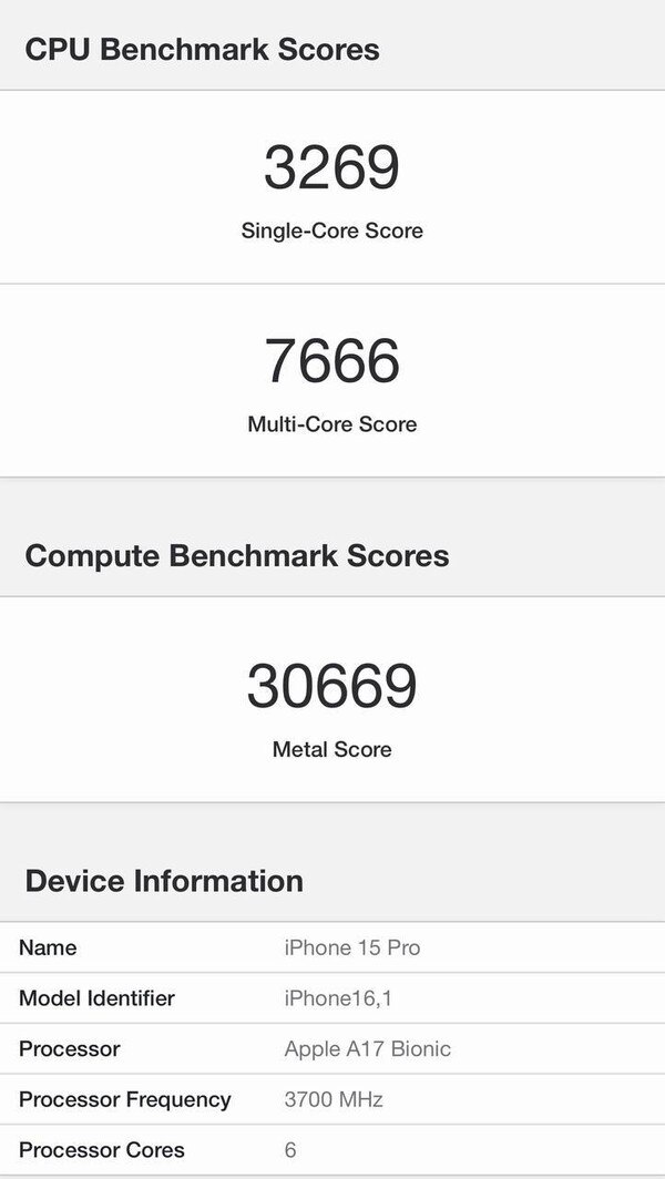 Liste Geekbench présumée de Apple A17 Bionic (image via @Naveen_tech_wala sur Twitter)