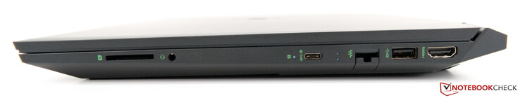 Côté droit : lecteur de carte SD, jack, USB C (5 Gbit/s; DisplayPort 1.4), Gigabit RJ-45, USB 3.1 Gen. 1, HDMI 2.0.