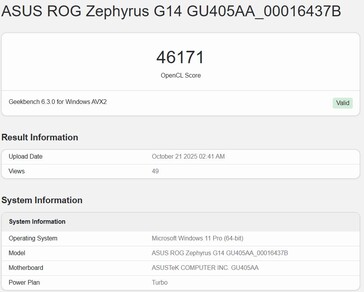 Intel Panther Lake iGPU OpenCL score sur Geekbench (pire score). (Source de l'image : Geekbench)