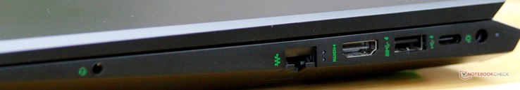 Côté droit : écouteurs, Ethernet, HDMI 1.4, USB A 3.0 Gen 1, USB C 3.0 (Gen 1), entrée secteur.