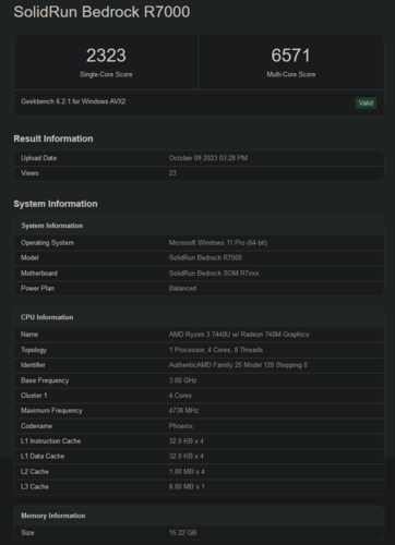 Score Geekbench de l'AMD Ryzen 3 7440U (image via Geekbench)