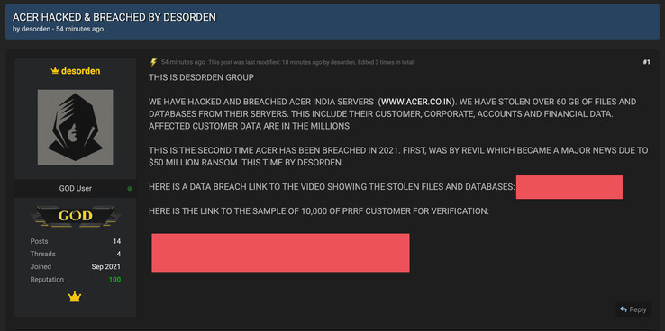 Le groupe Desorden revendique la responsabilité du piratage des serveurs d'Acer India. (Image Source : Privacy Affairs)