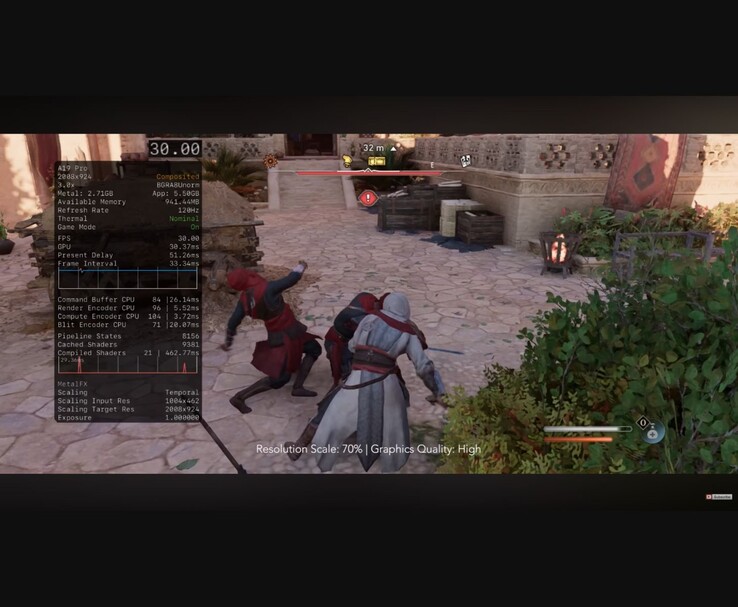 Gameplay d'Assassin's Creed Mirage sur un iPhone 17 Pro Max avec puce A19 Pro, affichant 30 FPS, un préréglage graphique élevé et un upscaling temporel MetalFX. (MrMacRight via YouTube)